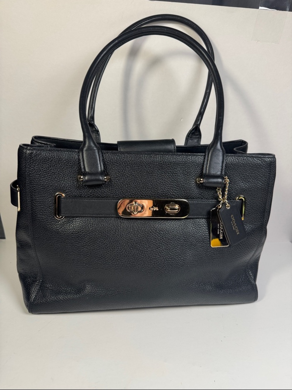 Coach Swagger Black Pebbled Leather Satchel Tote‎ Bag Purse